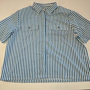 Christie & Jill Teal Striped Button Down Short Sleeve Collared Womens Blouse 18W